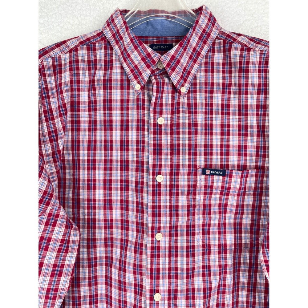 Chaps Mens Easy Care Plaid Button Down Shirt Red White Blue Long Sleeve Large‎